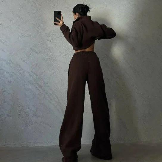 Women's Solid Color Round Neck Pullover Long Sleeve Sweater Trousers Suit by GJG Denim