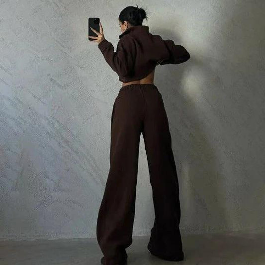 Women's Solid Color Round Neck Pullover Long Sleeve Sweater Trousers Suit by GJG Denim
