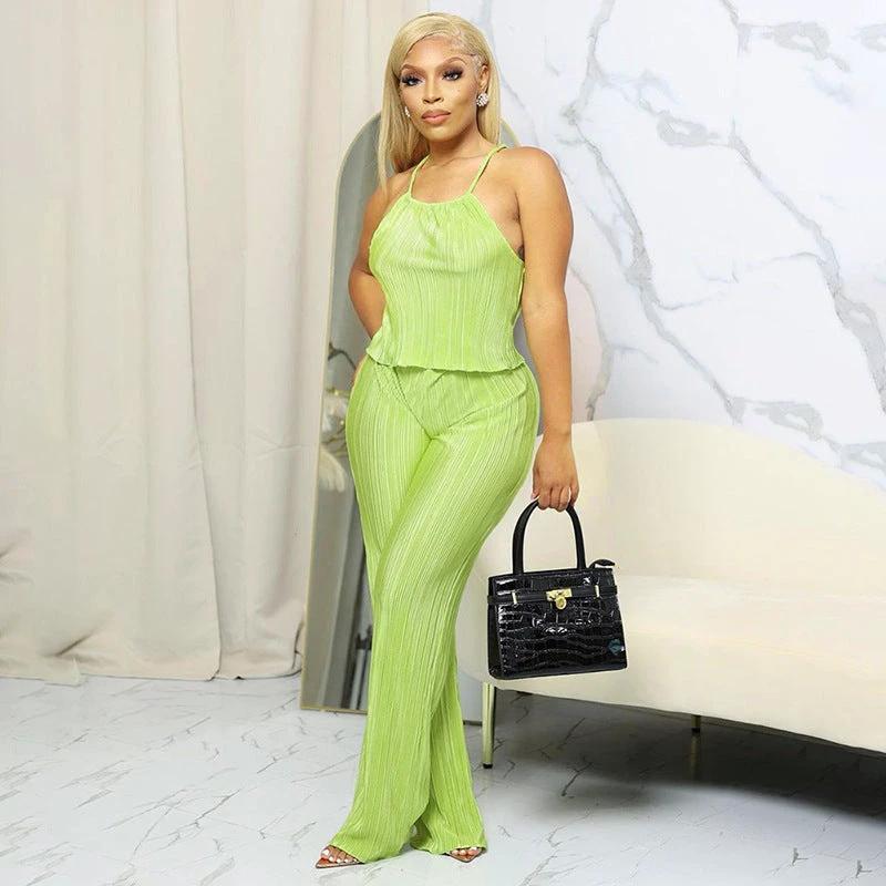 Summer New Pleated Solid Color Sling Top Wide Leg Trousers Casual Suit by GJG Denim