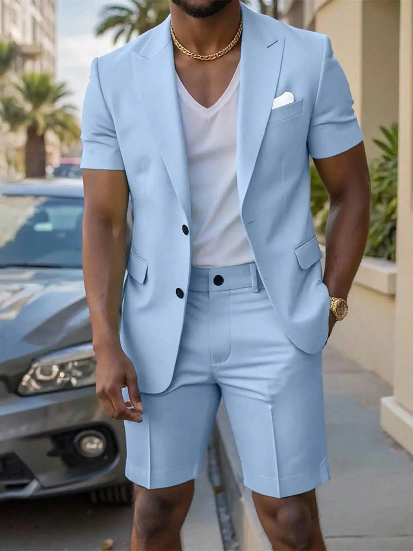 Mens Solid-Colored Gentleman Short-Sleeve Two-Piece Suit by GJG Denim