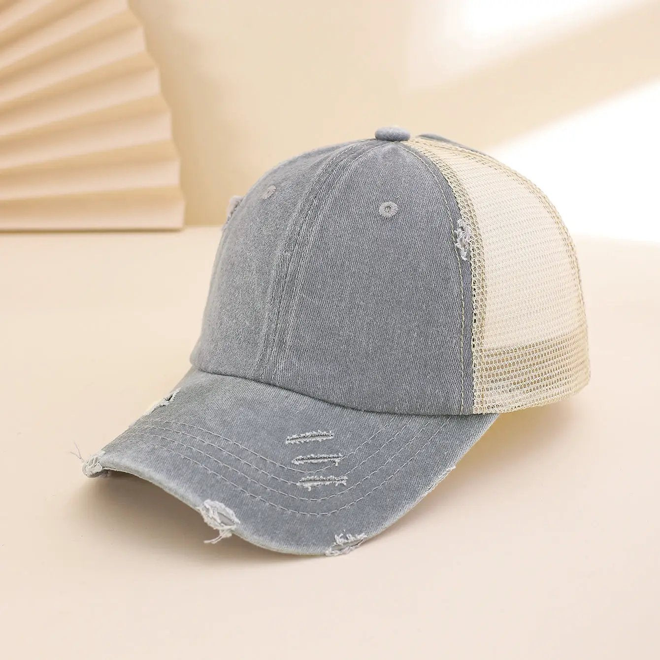 Solid-color, Frayed, Washed-out, Distressed, Mesh-patterned Cap - A Trendy, Youthful, Versatile Baseball Cap That Suits Both Daily Commuting And Outdoor Activities. by GJG Denim