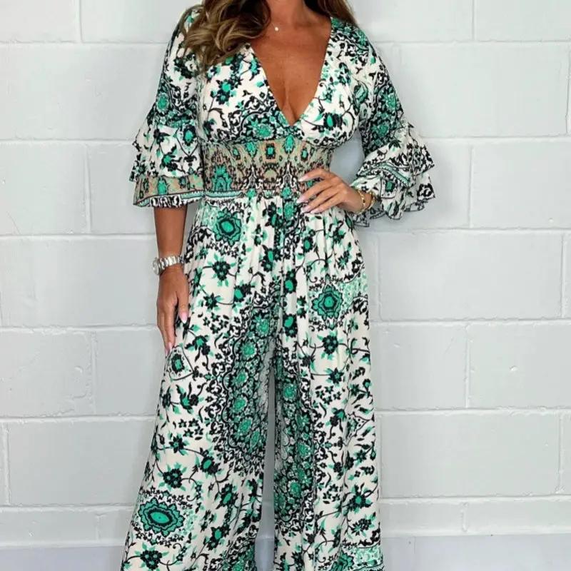 V-neck Printed Jumpsuit Plus Size Casual Jumpsuit by GJG Denim