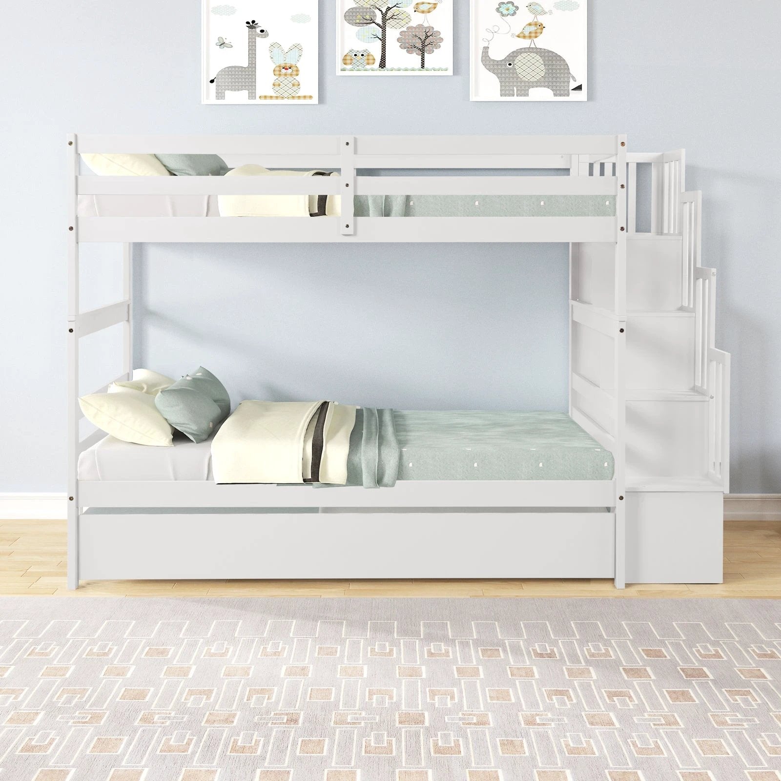 Twin Bunk Beds With Trundle & Stairway Storage In White by GJG Denim
