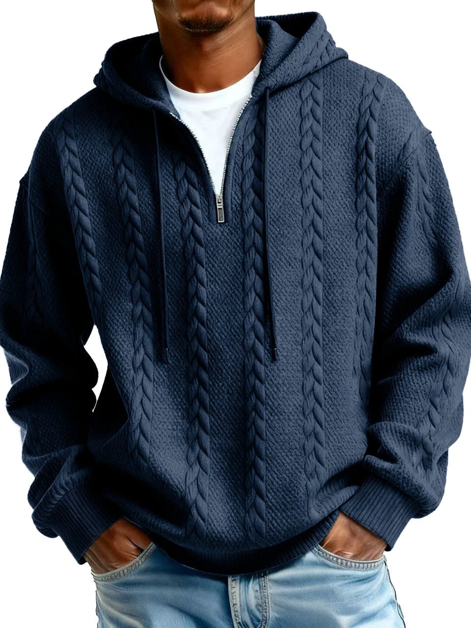 Men's Half-zip Hooded Sweatshirt With Long Sleeves by GJG Denim