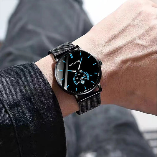Stylish Black Technology Belt Refined Steel Casual Calendar Watch by GJG Denim