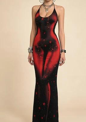 Y2K Spicy Print Halter Neck Slim Fit Bodycon Long Dress For Women by GJG Denim