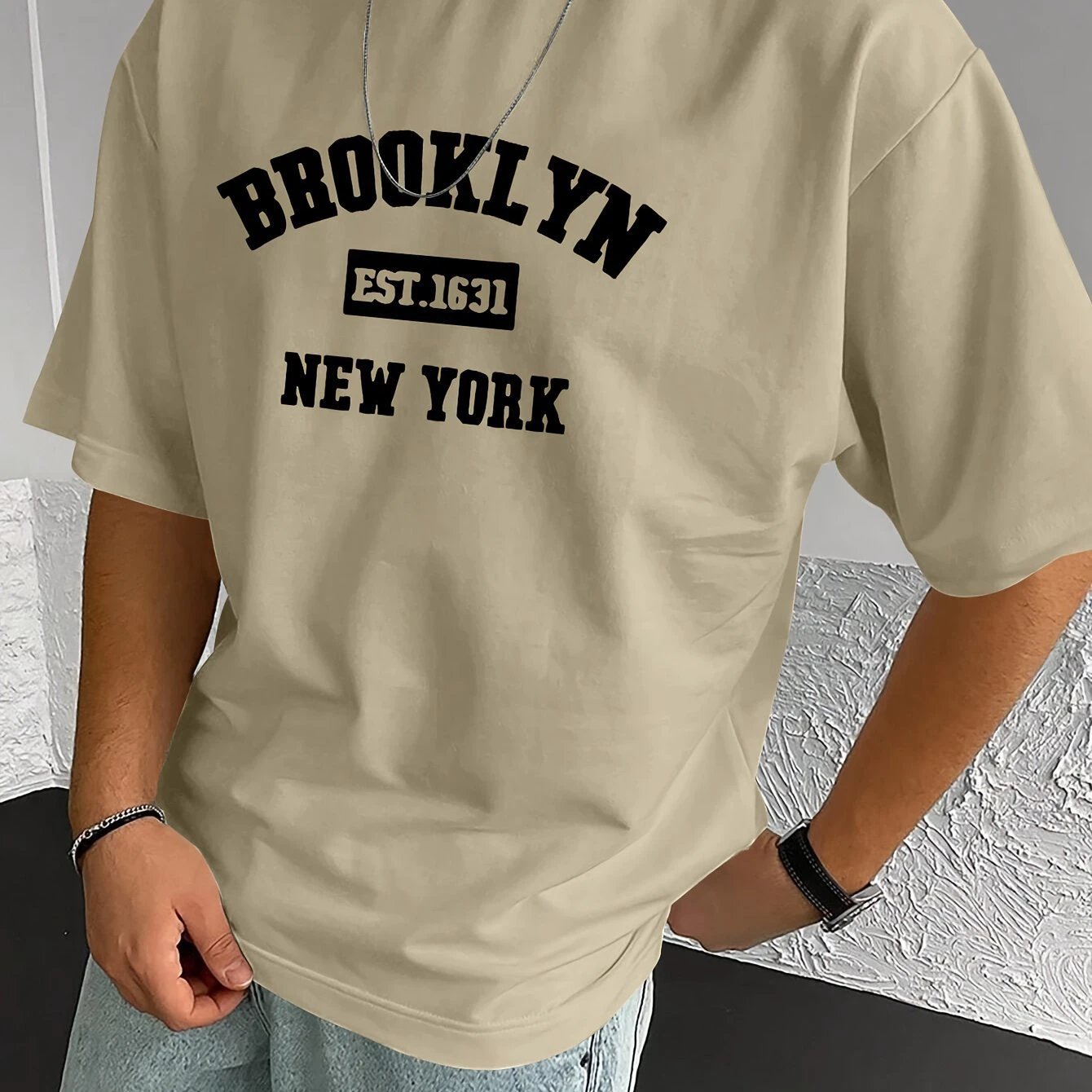 Men's Summer Spring Brooklyn Fashionable Printed T-shirt, Casual Short Sleeved Fashionable Style T-shirt, Sporty New Casual Short Sleeved Top by GJG Denim