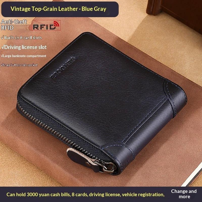 Men's Cowhide Wallet With Multiple Card Slots And A Zipper by GJG Denim