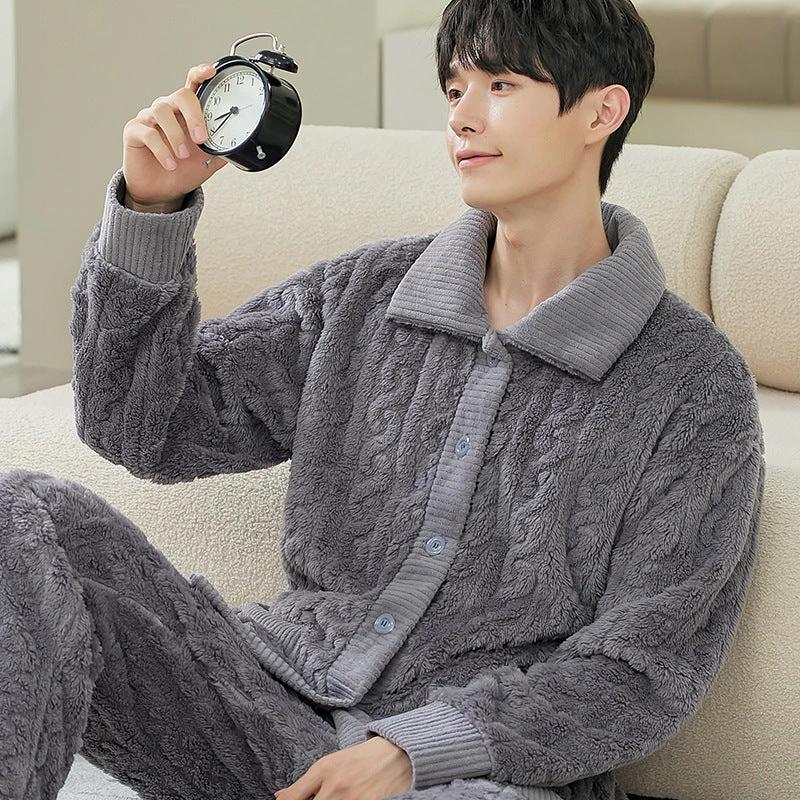 Pajamas Men's Jacquard Flannel Loose Fleece-lined Warm Loungewear by GJG Denim
