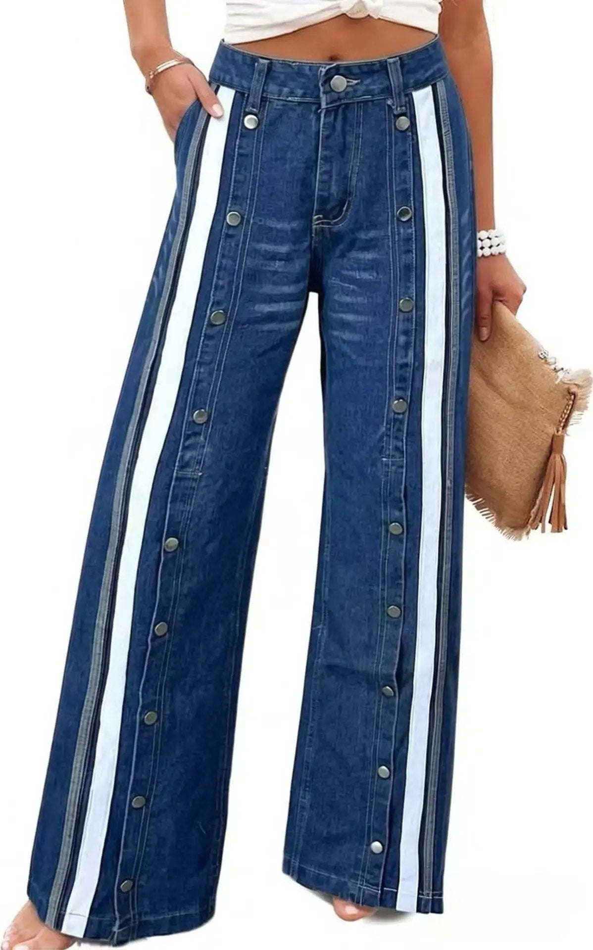 Fashionable Retro Personalized Flared Split Hem Color-Block Wide-Leg Floor-Length Womens Denim Trousers by GJG Denim