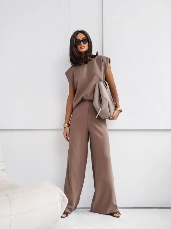 2 Piece Casual Set Short Sleeve T-Shirt Vest Loose Wide Leg Pants Seasonal Comfort by GJG Denim