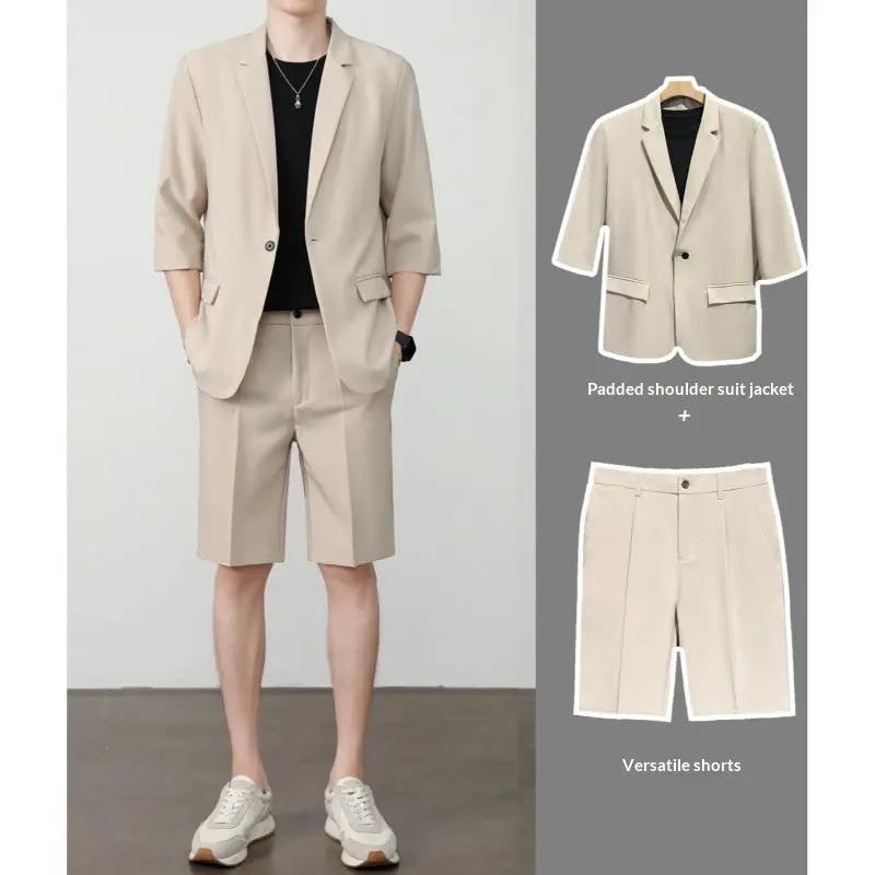 Thin Short-Sleeve Suit Mens Casual Cropped-Sleeve Jacket Half-Sleeve Suit Set by GJG Denim