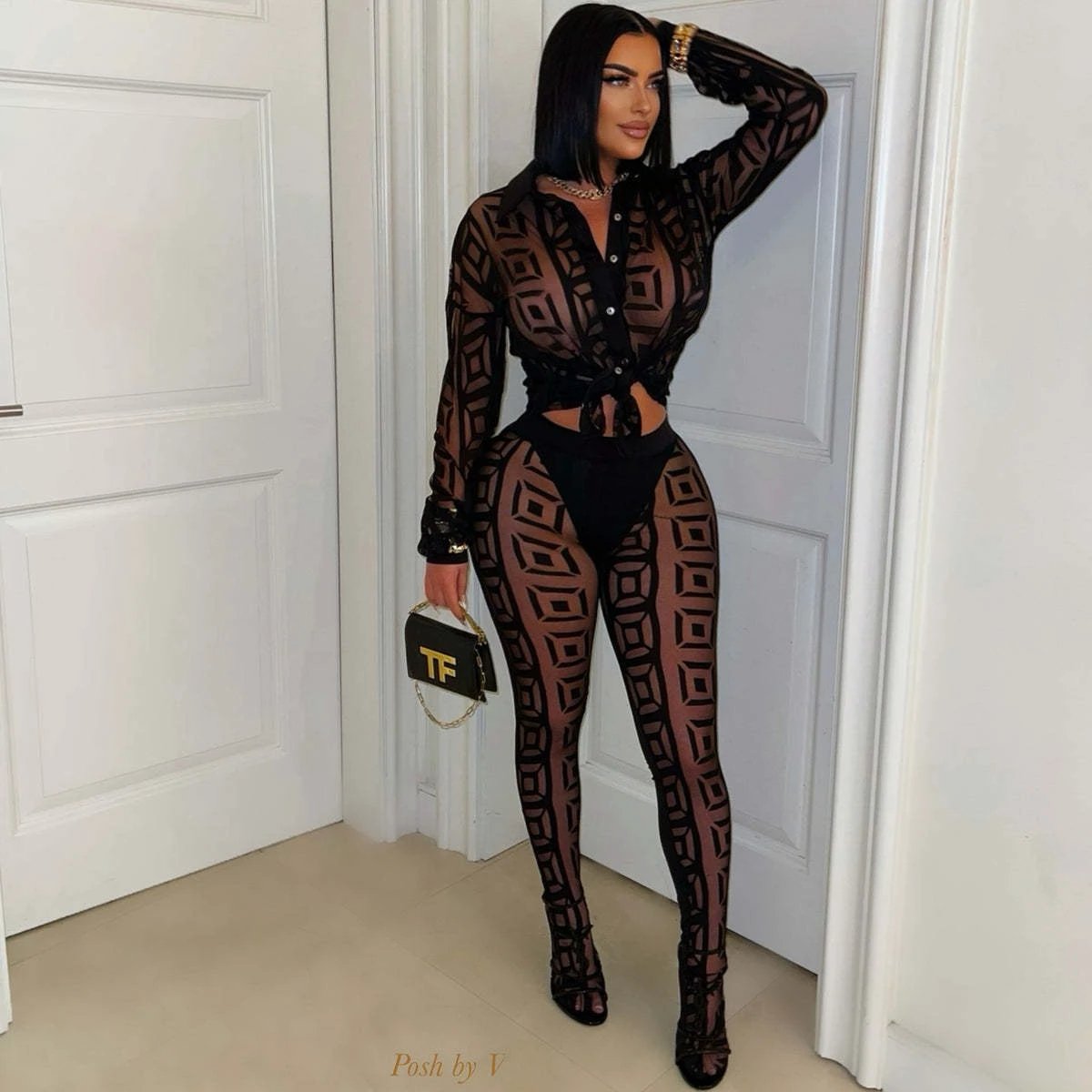 Printed Mesh See-through Shirt Pants Suit by GJG Denim