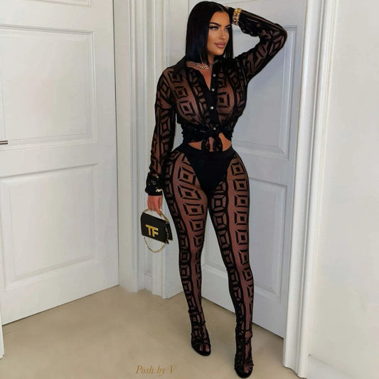 Printed Mesh See-through Shirt Pants Suit by GJG Denim