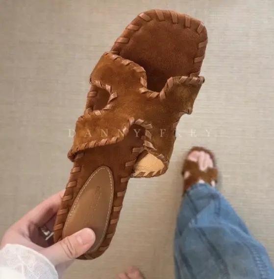 Retro Niche Design Suede One-Strap Slides For Women, 2026 Summer Genuine Leather Outdoor High-end Open Toe Slippers by GJG Denim