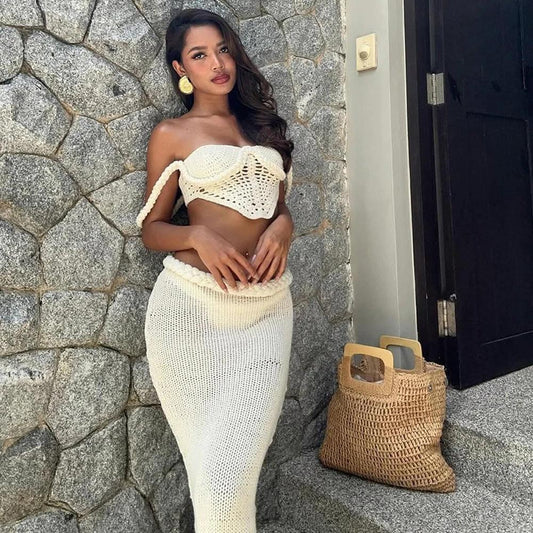 European And American Sexy Hollow-out Navel Knitted Beach Skirt Leisure Seaside Vacation by GJG Denim
