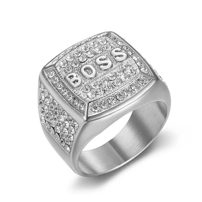 Titanium Steel Vacuum Plating Rhinestone Square "BOSS" Letter Men's Ring by GJG Denim