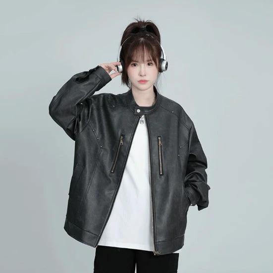 Spring And Autumn American Pu Shuai Street Rivet Retro Distressed Leather Jacket by GJG Denim