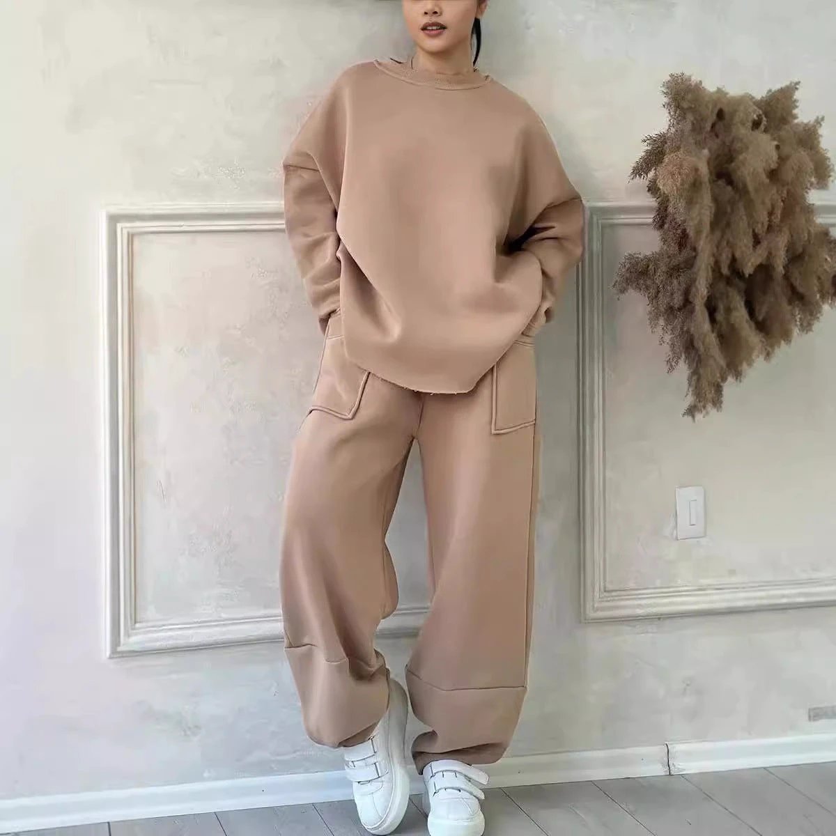 Women's Autumn And Winter Casual Loose Round Neck Long-sleeved Sweater Trousers Suit by GJG Denim