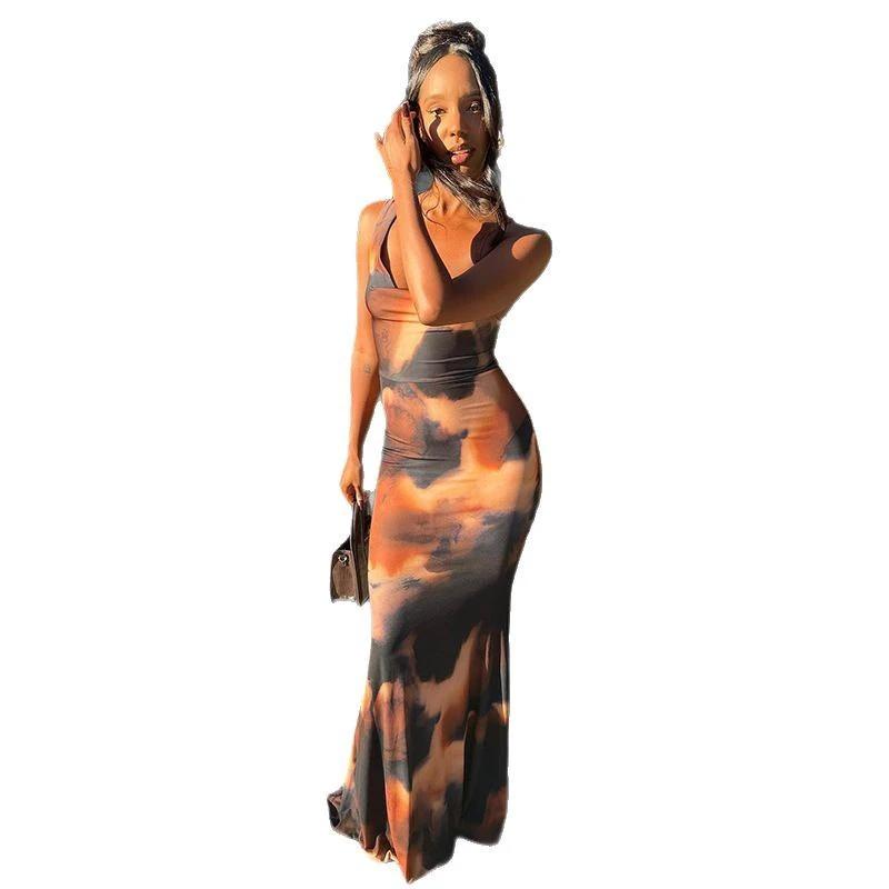 Spaghetti-strap Floral Print Long High Waist Dress by GJG Denim