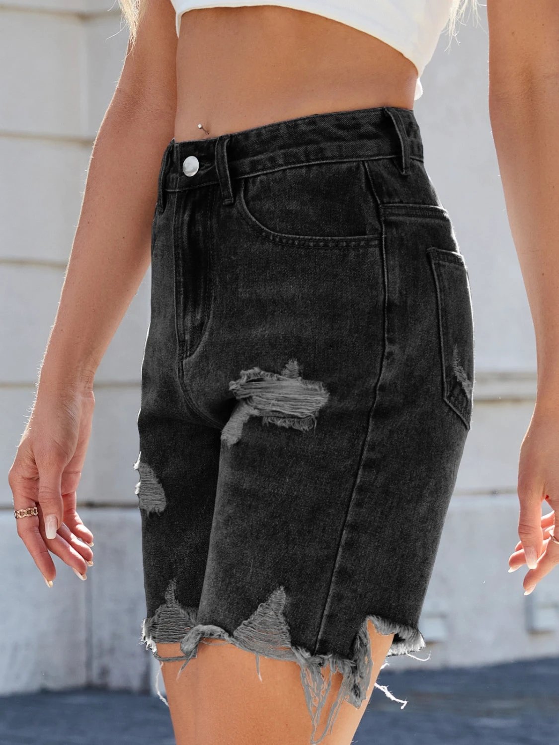 Distressed Raw Hem Denim Shorts by Lady Ros