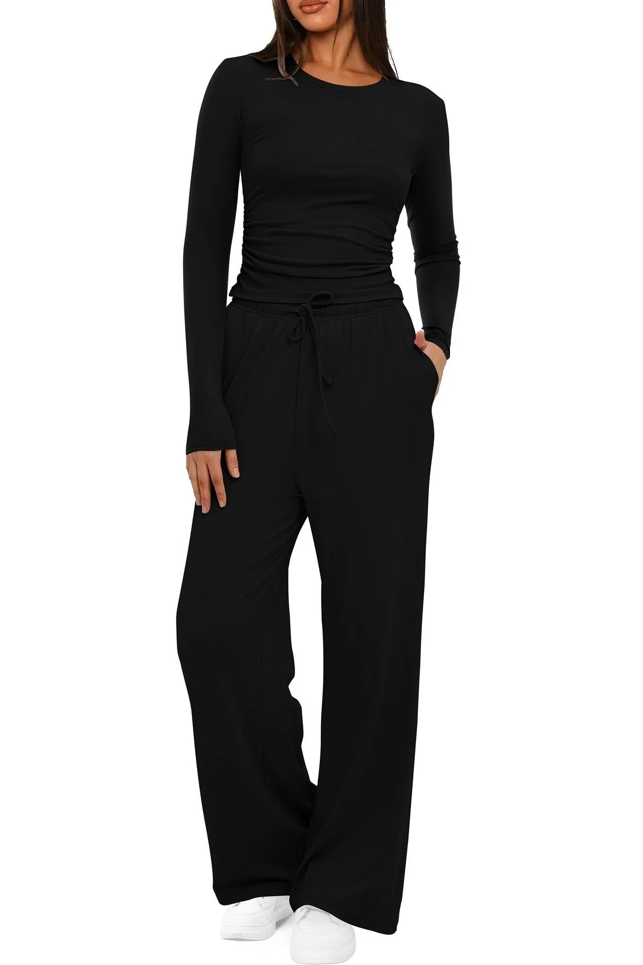 2 Pieces Women's Suit Autumn Winte Long Sleeve Tops High Waisted Wide Leg Pants Sportswear Female Clothes Solid Color Casual Suit by GJG Denim
