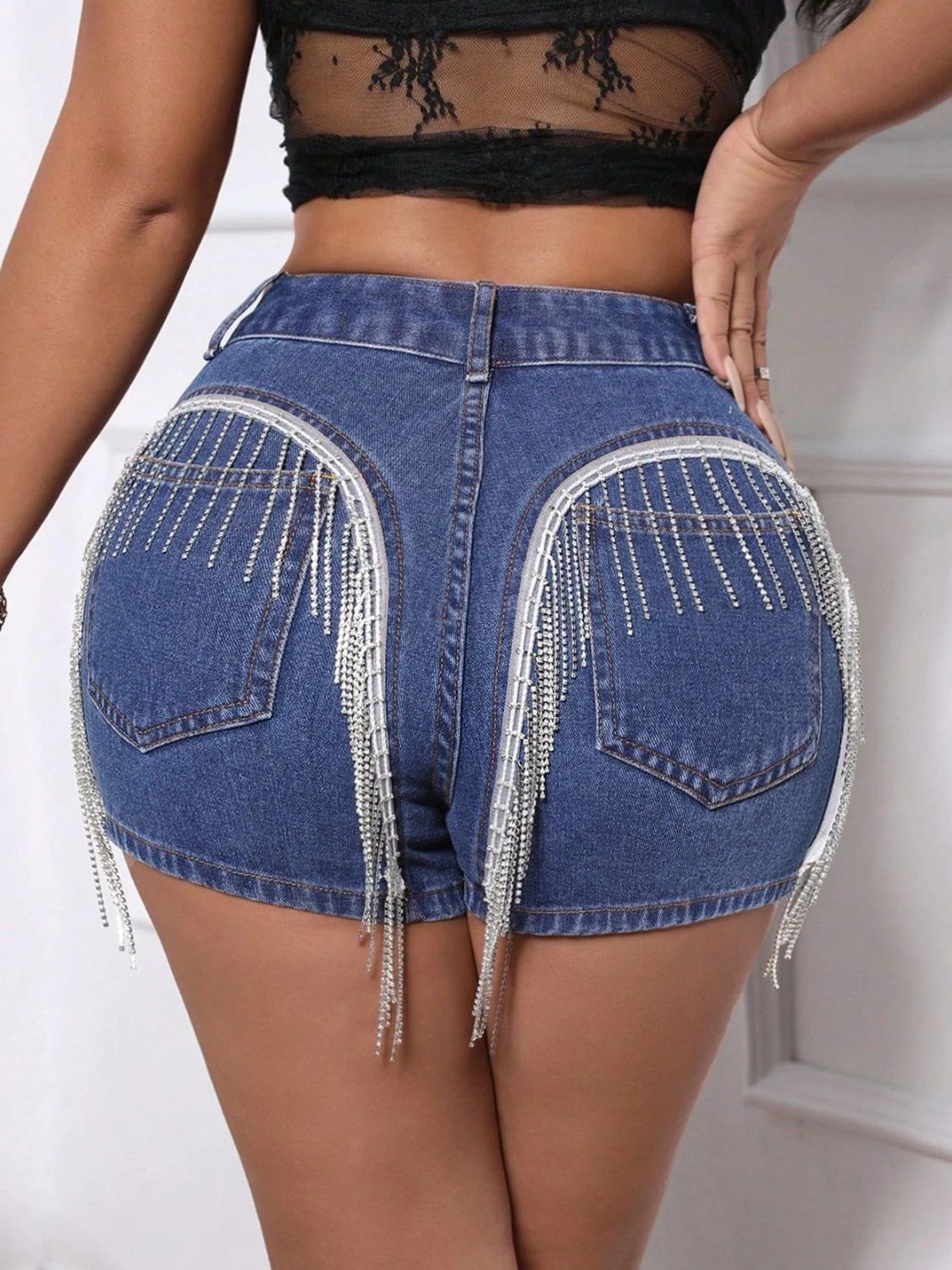 Fringe Back Denim Shorts with Pockets by Lady Ros