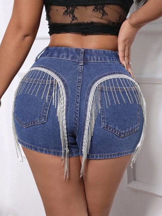 Fringe Back Denim Shorts with Pockets by Lady Ros