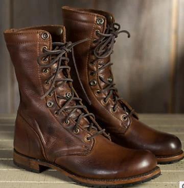 Men's Retro Motorcycle Lace-Up Combat Boots Low Heel by GJG Denim