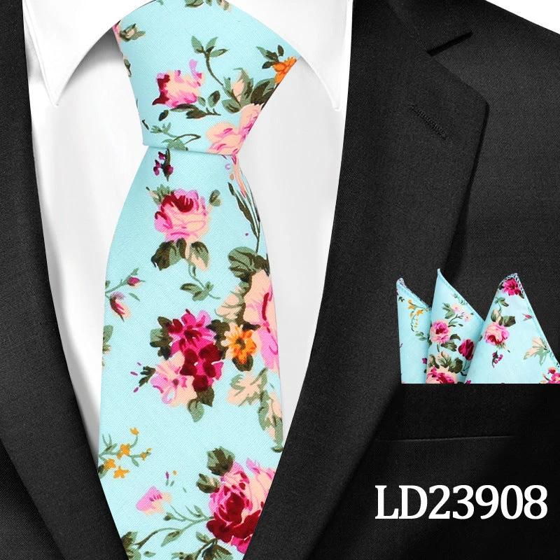 Men's Casual Cotton Floral Print 6cm Tie and Pocket Square by GJG Denim