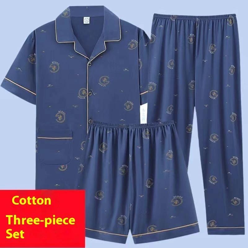 Men's Pajamas Cotton Short Sleeve Trousers Three-piece Set by GJG Denim