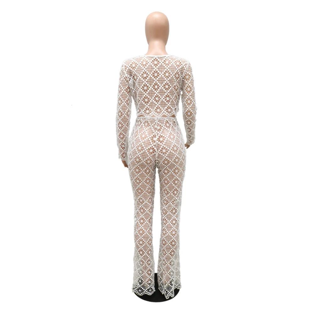 O-neck Short Top Bell-bottom Pants Lace Suit Without Lining by GJG Denim