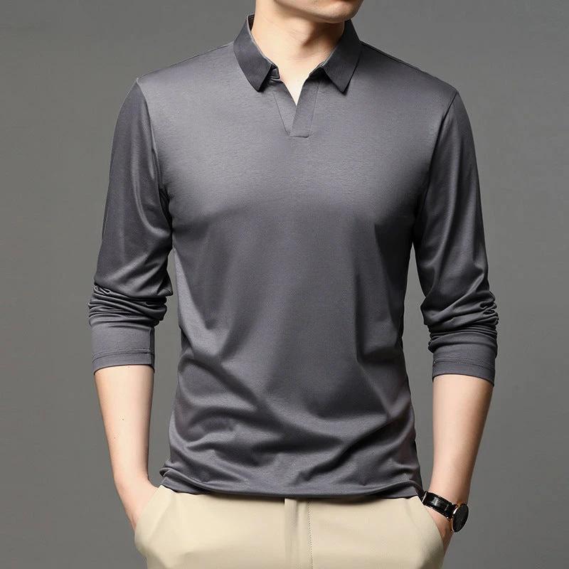 Men's Solid Color Casual Cotton Lapel Long Sleeve Shirt by GJG Denim