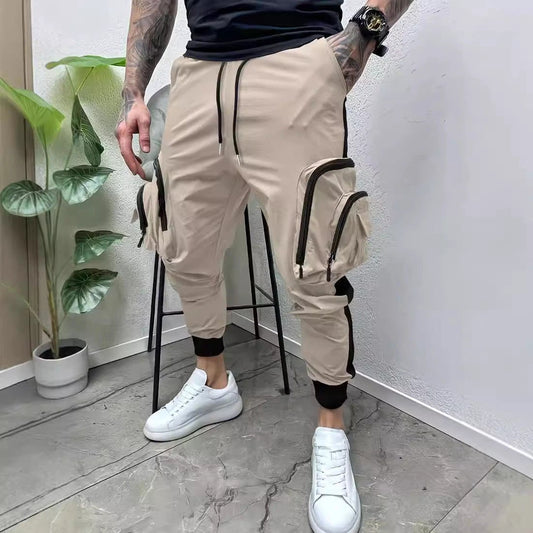 Casual Zipper Multi-pocket Color Matching Tapered Pants For Men by GJG Denim