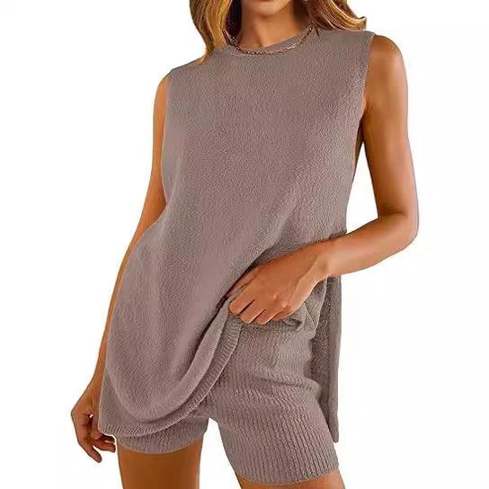 Summer Loose-fitting Casual Round-neck Vest Shorts Knitting Suit Women by GJG Denim
