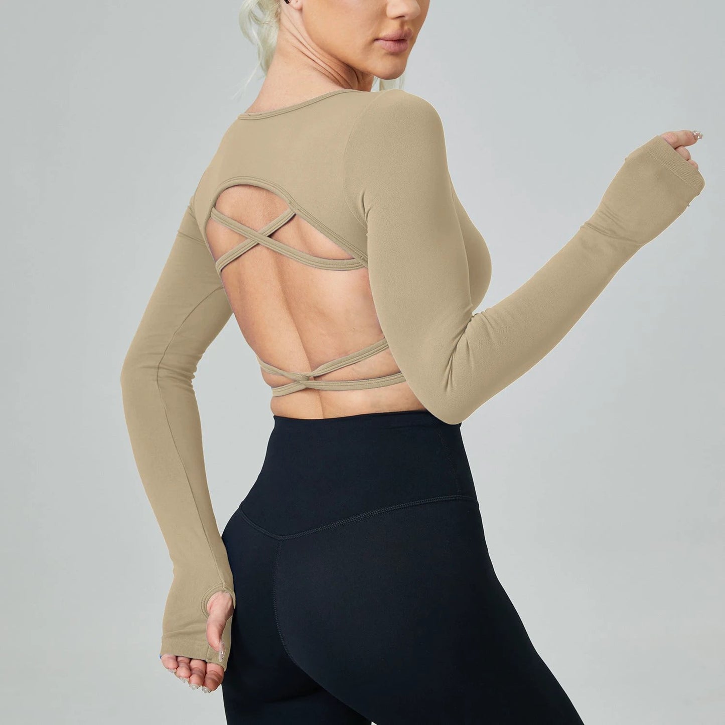 Quick Drying Clothes Outdoor Long Sleeve Cross Beauty Back Workout Clothes Sports Top by GJG Denim
