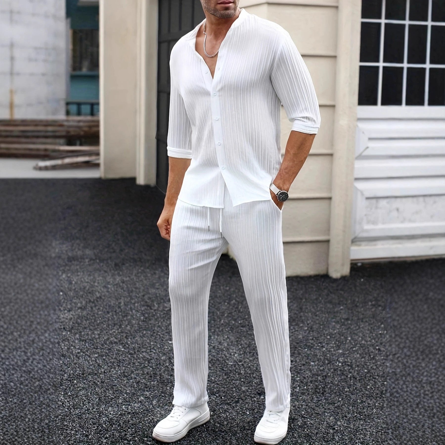 Men's Solid-Color Shirt And Pants Set by GJG Denim