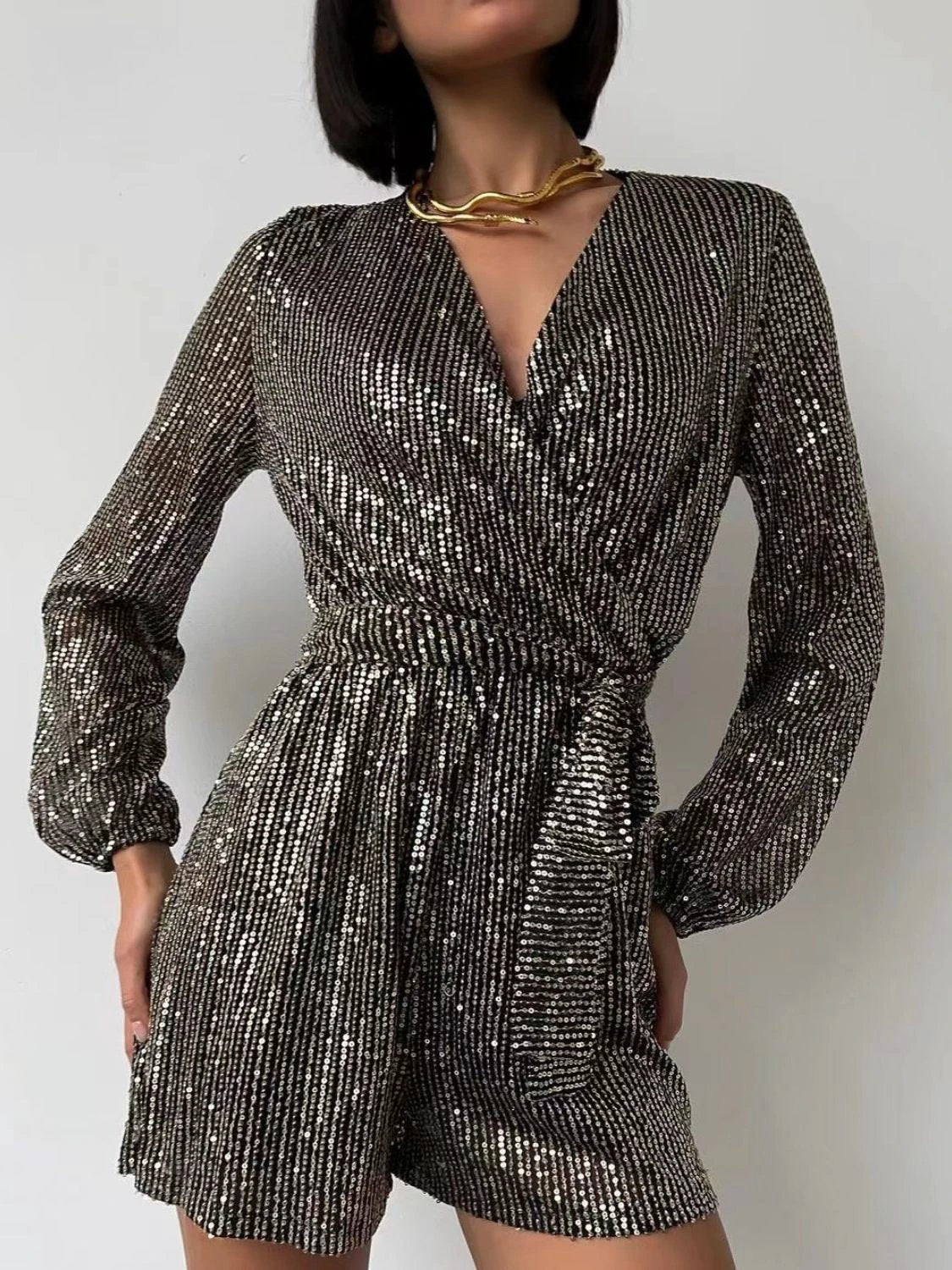 Full Size Sequin Surplice Tie Waist Long Sleeve Romper by Lady Ros