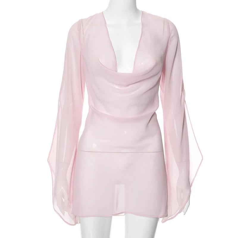 Women's Sheer Long Sleeve Backless Dress by GJG Denim
