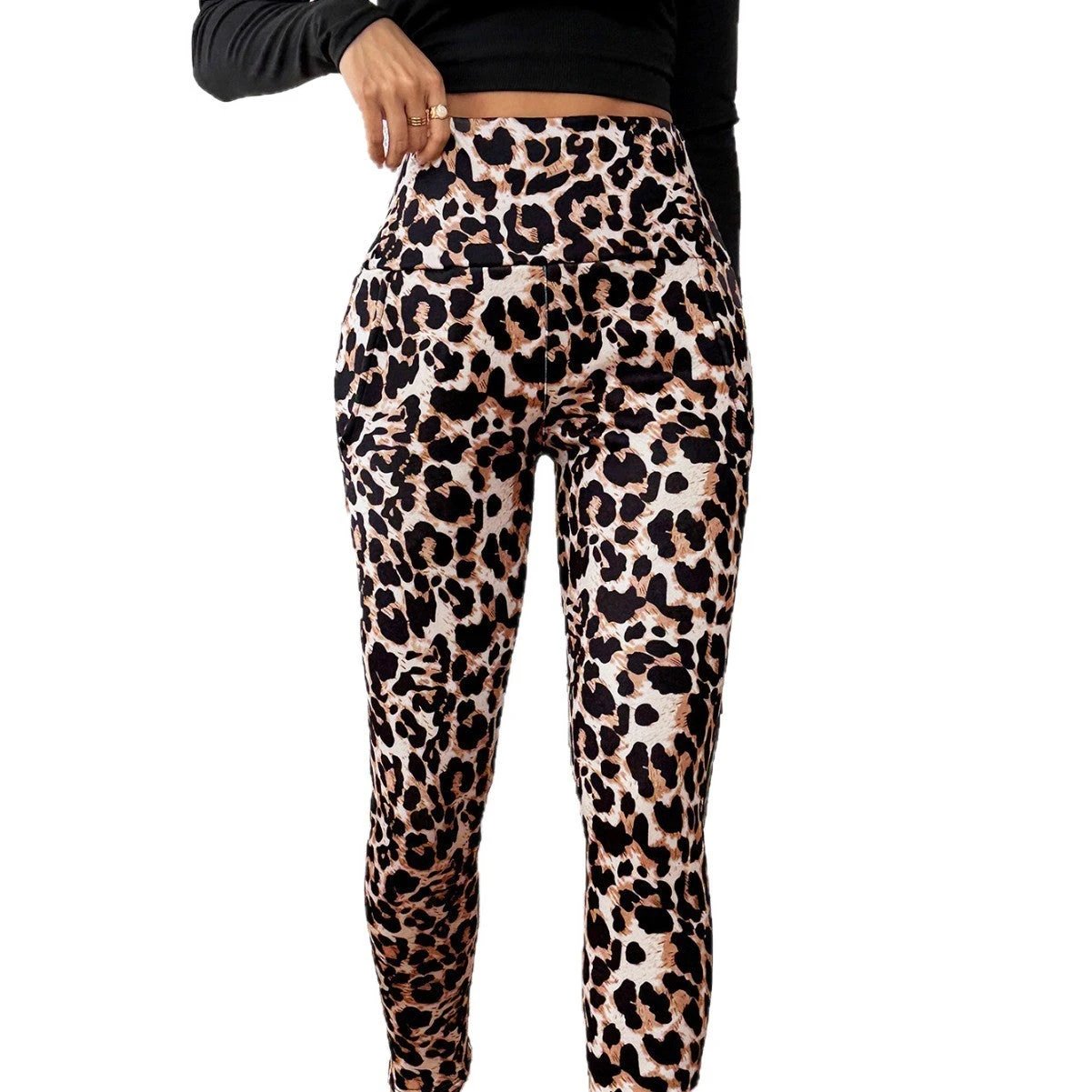 Leopard Print Cashmere Leggings High Waist Slimming And Velvet Padded Warm Side Pocket by GJG Denim
