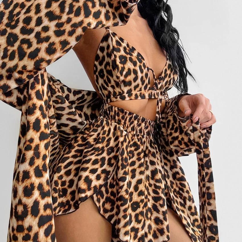 Leopard-print Camisole Cardigan And Short-sleeve Shorts Pajama Set by GJG Denim