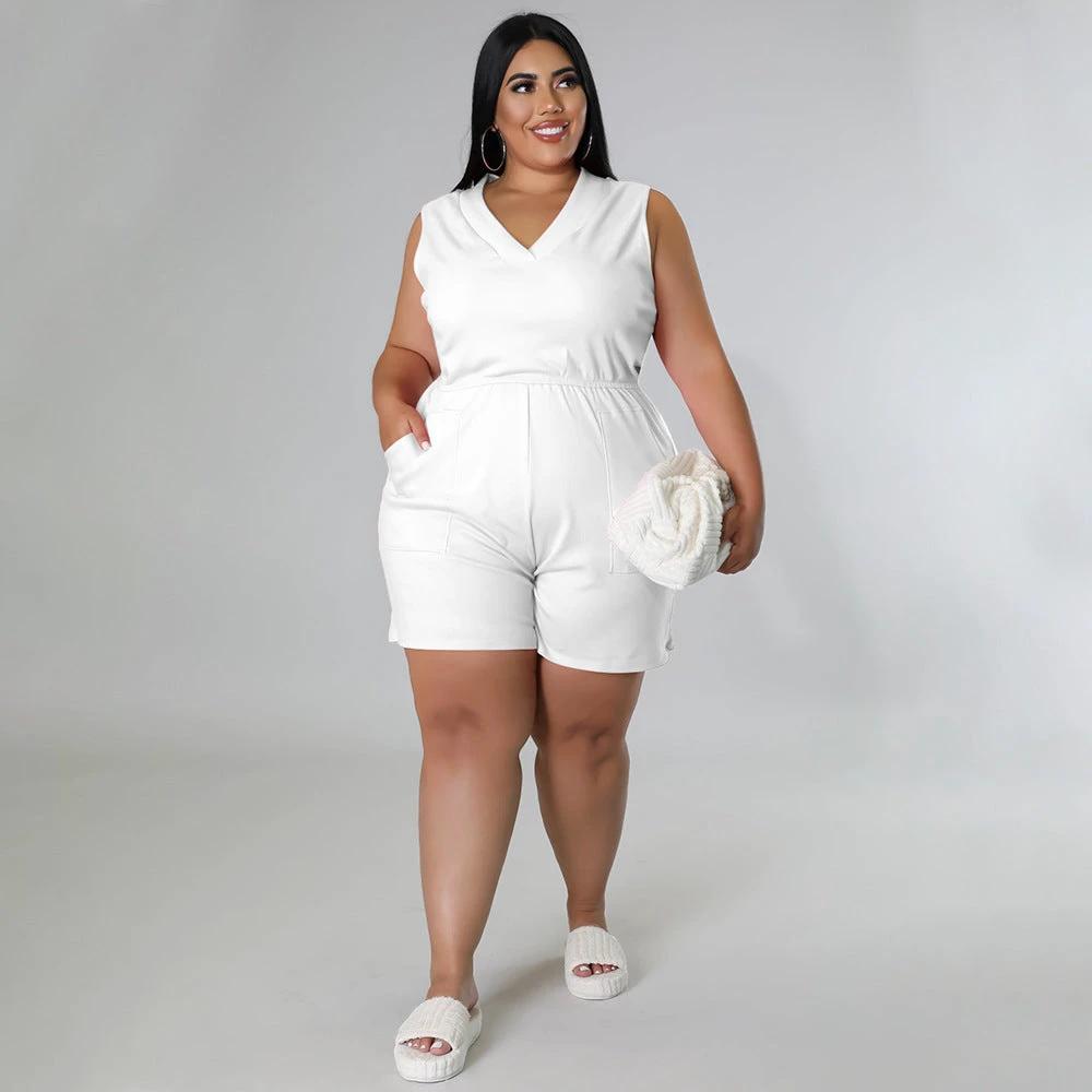 Plus Size Women's V-neck Solid Color Sleeveless Casual Waist Overalls by GJG Denim