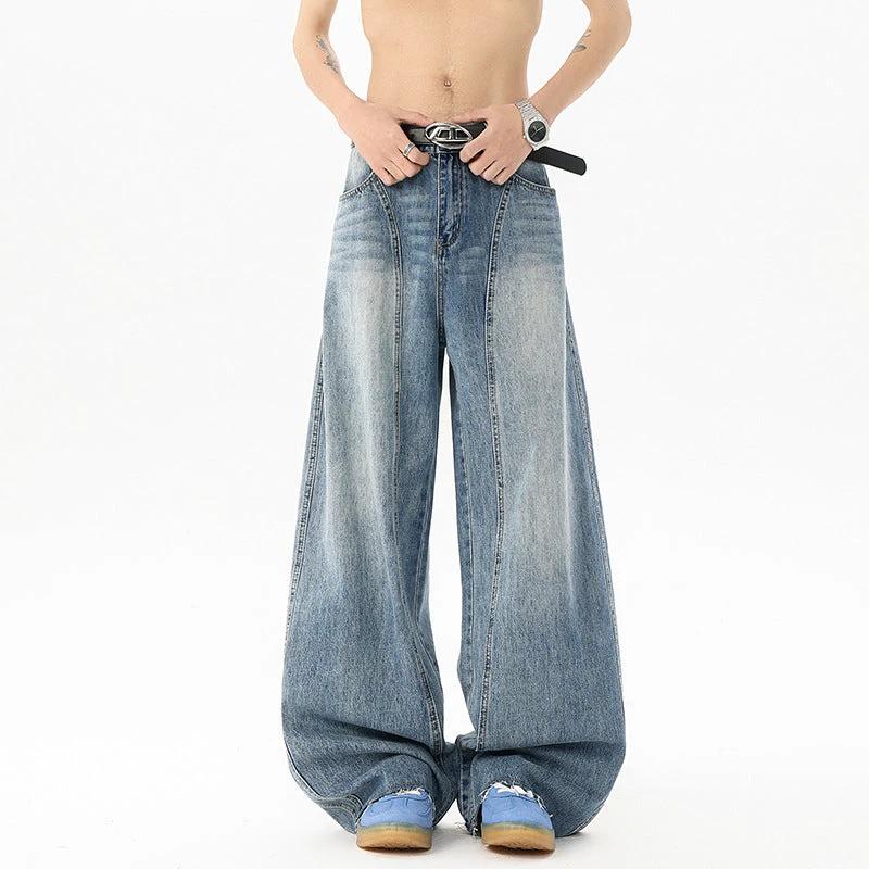 Retro Blue Denim Men's Loose Wide-leg Pants by GJG Denim