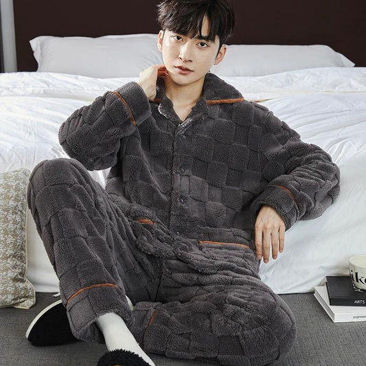 Pajamas Men's Jacquard Flannel Loose Fleece-lined Warm Loungewear by GJG Denim