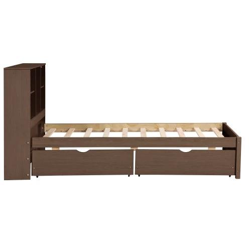 Modern Twin Size Bed Frame With Built-in USB Port On Bookcase Headboard And 2 Drawers Walnut Color by GJG Denim