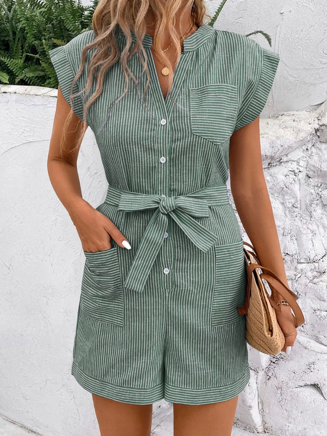 Striped Notched Tie Waist Romper by Lady Ros