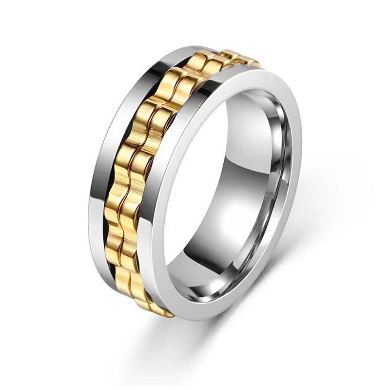 Men's Titanium Spinner Square Texture Polished Stainless Steel Gear Rotating Anxiety Fidget Rings by GJG Denim