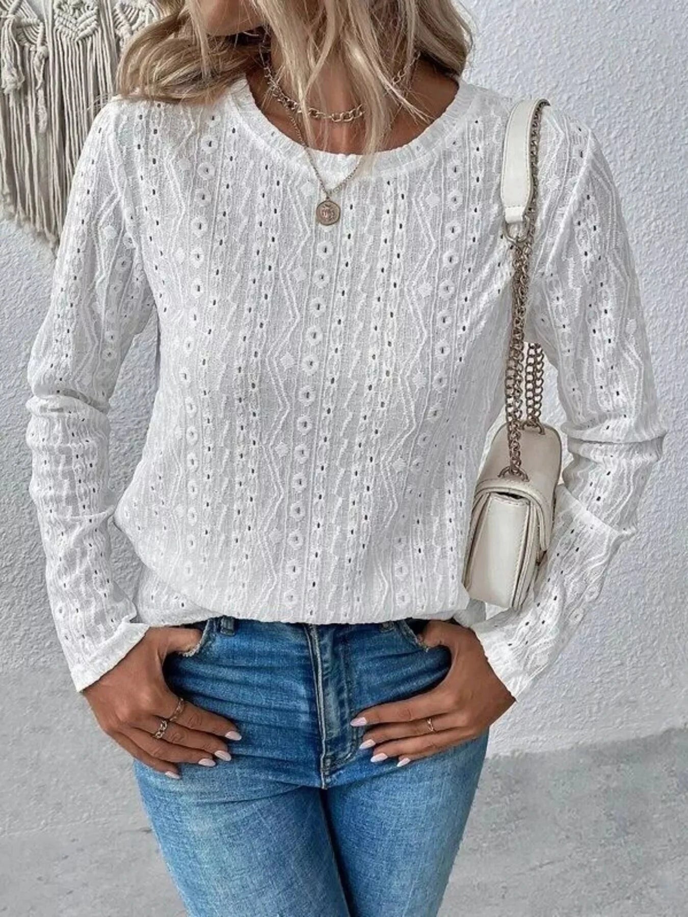 Full Size Eyelet Round Neck Long Sleeve Blouse Plus Size by Lady Ros