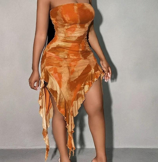 Y2K Spicy Tie-Dye Strapless Irregular Ruffle Dress For Women by GJG Denim