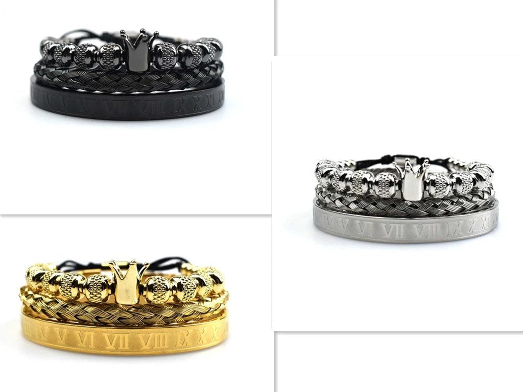 Men's Roman Royal Crown Charm Stainless Steel Adjustable Bracelet by GJG Denim